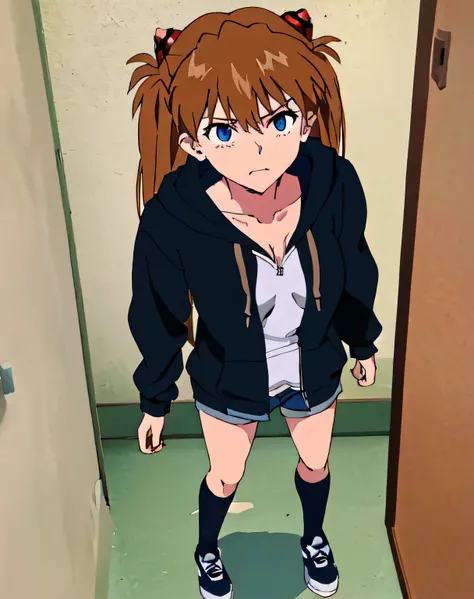 masterpiece, best quality, souryuu asuka langley, girl, medium breasts, dark blue hoodie, oversized hoodie, red high socks, full body view