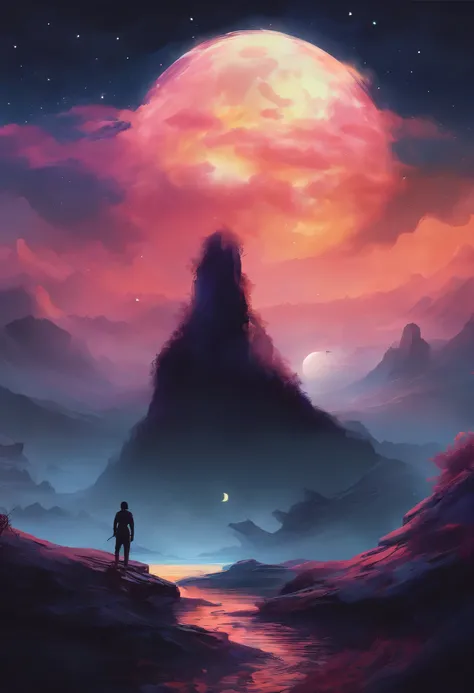 (best quality,4k,highres,masterpiece:1.2),ultra-detailed,realistic,portrait,landscape,Tang Feng,giant moonlit cliff,distant viewing angle,desolate,clouds,moonlit,dark silhouette,serene atmosphere,vibrant colors,soft light,ethereal,content solitude,wispy cl...