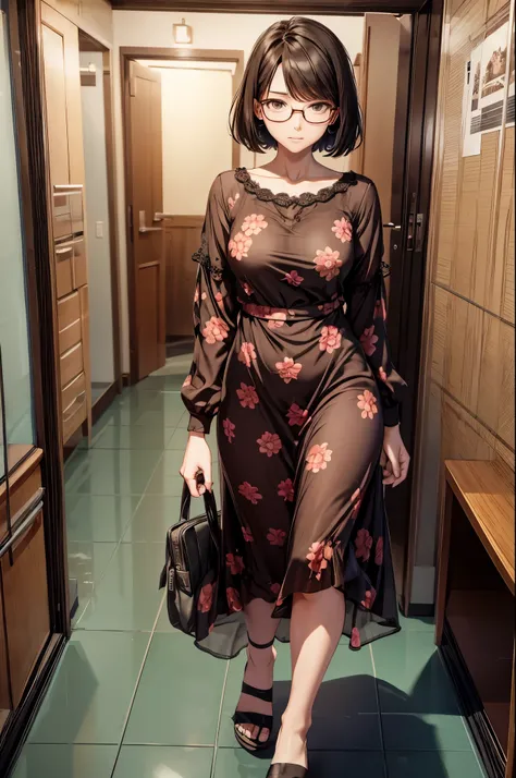 night hotel,inside the room,full body,one 30 years old lady,office lady,slender body,she’s wearing heavy makeup,she’s wearing glasses,brown short bob hair,rage,glaring,serious,fold arms,(she’s wearing maxi length flower patterned dress,pamps)