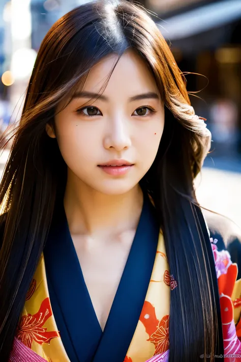 Beautiful Japanese supermodel woman, A lock of hair with slight highlights, black eyes, Sexy，street background，Gorgeous kimono , Liquid color flows across her face, Shooting against the light，Perfect facial lighting，mixed media