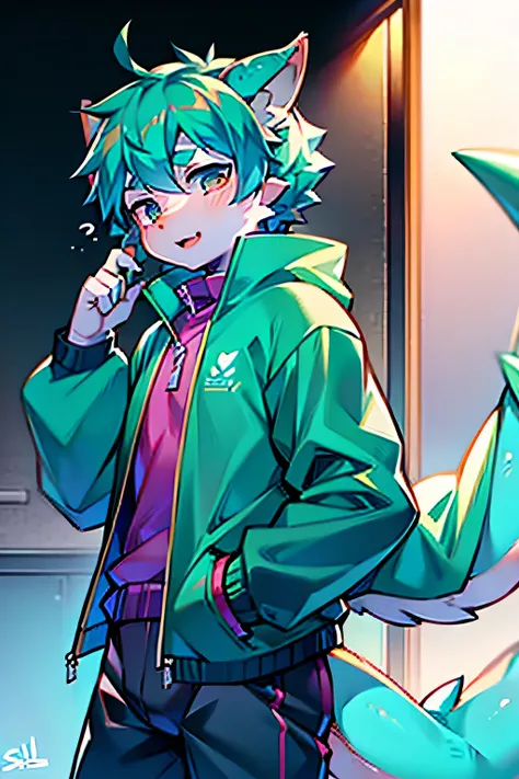 cute boy, dragon wing, dragon tails, wearing a windbreaker