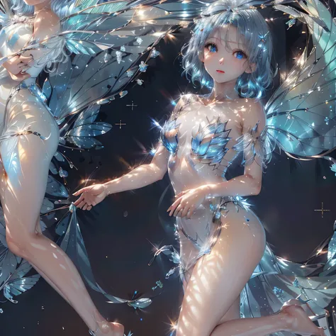 Best AI image generation creator、excellent anatomy，skin texture、Semi-classic, beautiful, Minimalist colors, Charming and elegant，shining light, transparent(1 girl),fairy wings, blue hair, Semi-transparent blue costume, white background