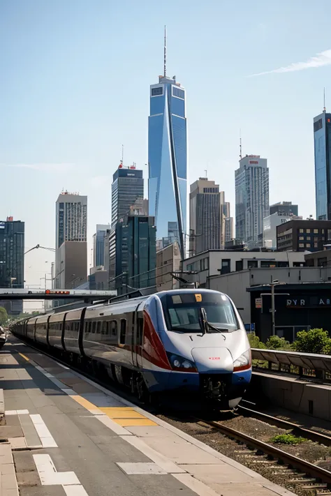 A highspeed bullet train racing through a modern cityscape surrounded by towering skyscrapers