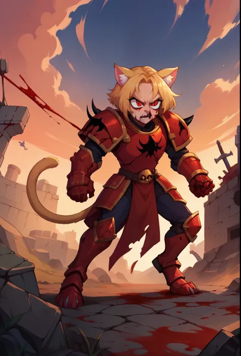 score_9, score_8_up, score_7_up, score_6_up,score_5_up,score_4_up, BREAK,( necoarc, slit pupils, cat ears, blonde hair and tail), red eyes, (rage 1.2), khornate berzerker covered in blood, blood on face, blood on armor, (battlefield of ruins tanks under a ...