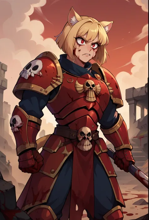 score_9, score_8_up, score_7_up, score_6_up,score_5_up,score_4_up, BREAK,( necoarc slit pupils), cat ears, blonde hair and tail, red eyes, (rage 1.2), khornate berzerker covered in blood, blood on face, blood on armor, (battlefield of ruins tanks under a b...