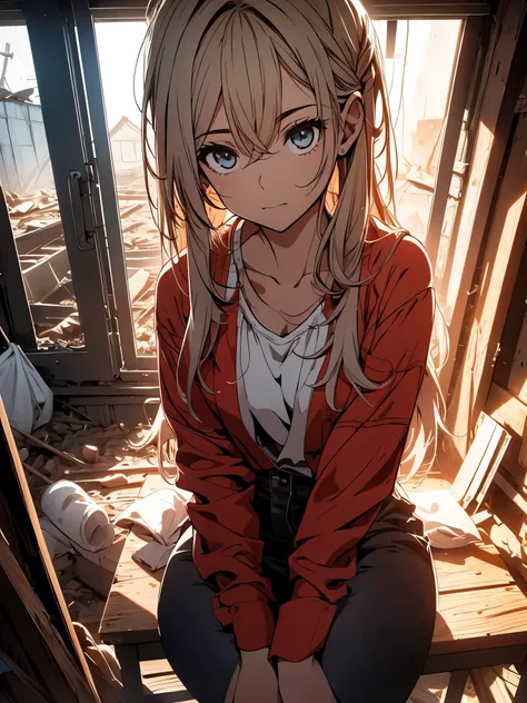 Arti futuro anime. aerial view, dirty woman sitting on chair in dilapidated house, wet, messy hair over eyes, camisa bodycon detalhada e saia plissada. vixip, paisagem em close, ferir. Hand drawing, cinematic lighting, altamente detalhado. branco, marrom, ...