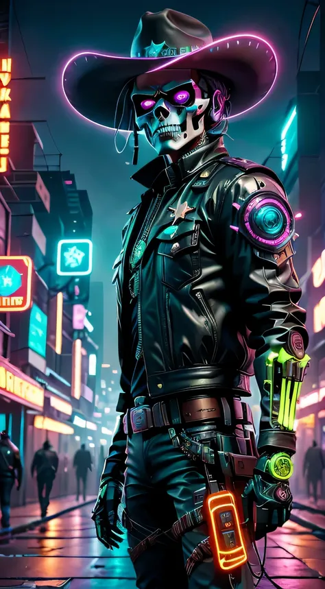 personaje ciber punk,esqueleto robot vaquero sheriff,fondo oscuro misterioso,neon light,cybernetically enhanced,armas del futuro...