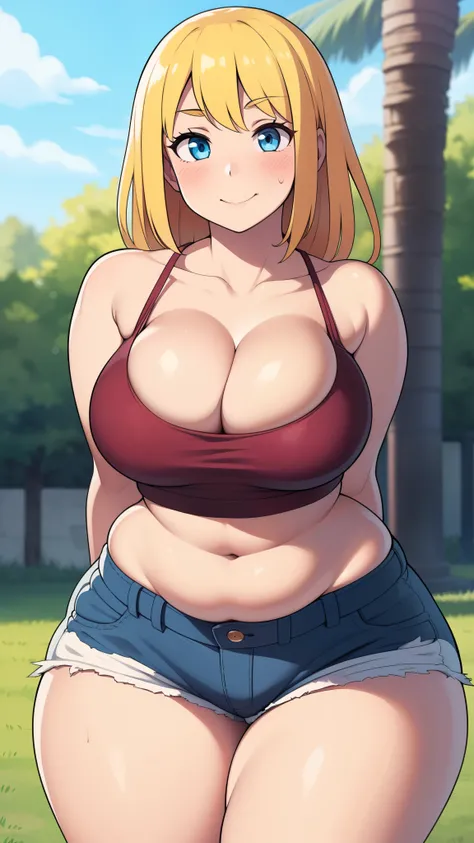 ((highres)), Masterpiece, high quality, best quality, beautiful, perfect lighting, detailed face, ultra cute face, ((1girl)), ((solo), long fluffy blonde hair, blue eyes, ((blush)), seductive smile, looking at viewer, arms behind back, standing in a park, ...