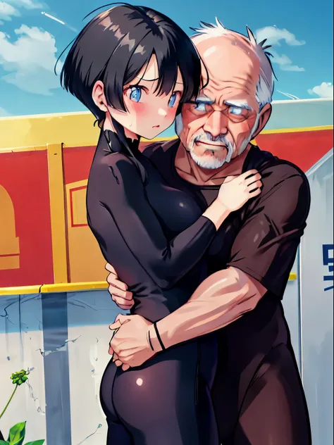 Girl hugging her back,((Old man hugging a girl:1.4)),Came back,Girl hugged by old man,that girl has black hair,blue eyes,((girl in a black tight suit:1.4)),((Old man touching girl&#39;Came back with his hand:1.4)),blush,serious face,panic,tickle,open your ...