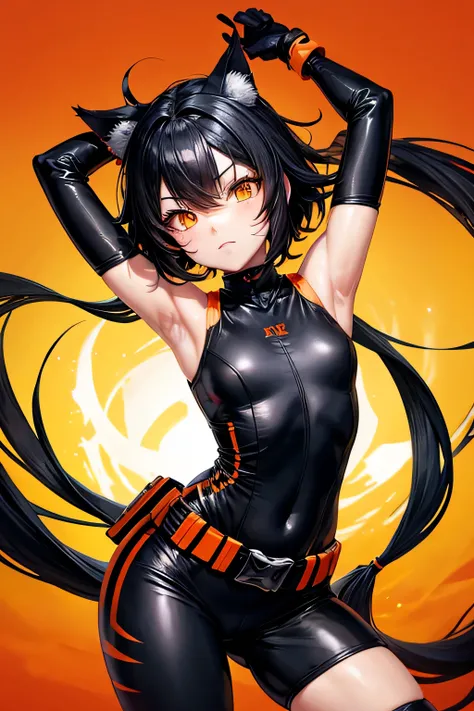 Cute black and orange cat girl, ninja clothes, black hair, human orange eyes