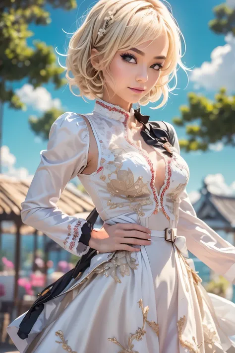 ((masterpiece,best quality)),1girl,solo, (((Chisato Nishikigi))), short hair, light yellow hair, solo, dress, detail eyes, looking at viewer, long sleeves, standing, white dress, gloves,hair ornament, black jacket, smile, floating hair, dutch angle, closed...