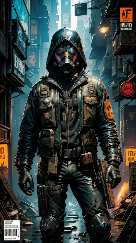 a man in a gas mask and a gas mask holding a gun, cyberpunk comic cover art, greg escarabajo, Cyberpunk hero, Estilo Travis Charest, ( ( ( ( ( y mumford ) ) ) ) ), arte de personajes ciberpunk, gothic - cyberpunk, dark cyberpunk illustration, tiene estilo ...