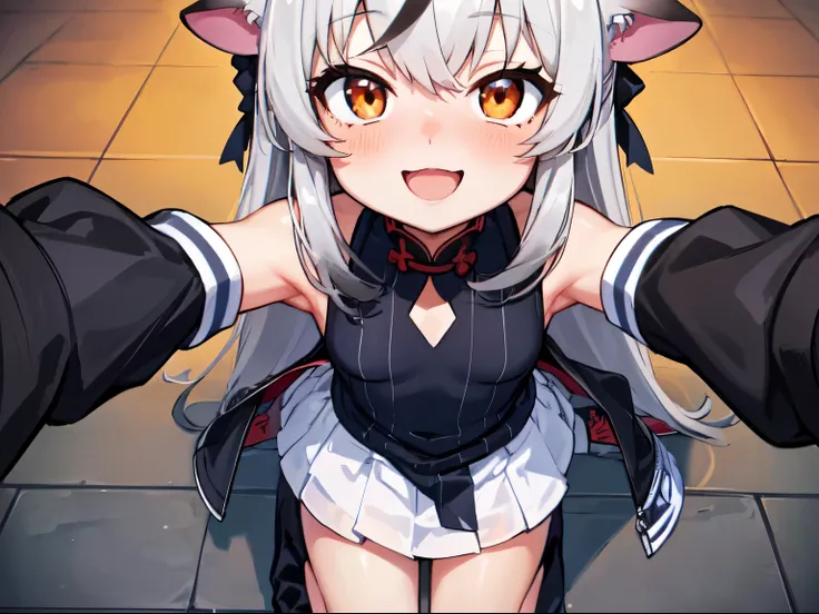 masutepiece, top-quality, ultra-details, Solo Focus, 
(1KOKONA, open arms for viewer), 
pigeon toed, 
, White hair, Orange Eye, Smile:0.8, blush:1.3, 
Black clothes, Black jacket, White skirt, 
(From-front-above, Close-up Face:1.4),