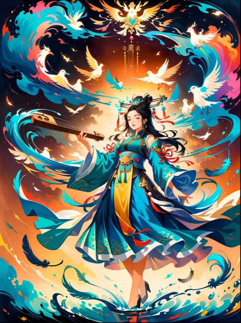 Chinese style, dark golden background, colorful clouds surrounding the sky and beautiful sea goddess of China holding an ancient Chinese musical instrument in her hand, surrounded by flying birds with long tail feathers and colorful ribbons flowing behind ...