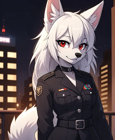 (masterpiece, best quality),altair, furry, furry female, 1girl, red eyes, animal_ears, canid, wolf, green choker, sketch, detailed fur skin, black military dress, sharp focus, fluffy, urban background,, uniform, dual tone fur, HDR, NSFW, black animal nose ...