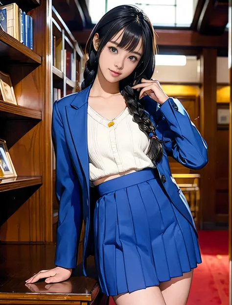 1 girl、A beautiful black-haired girl with braids staring at me.、Just smile a little、Idol-level cuteness、baby face、Lift up your skirt yourself、panty shot、thin and long、small, Breasts in good shape、Healthy thighs、Navy blue blazer、White高领内衣、Navy blue mini ski...