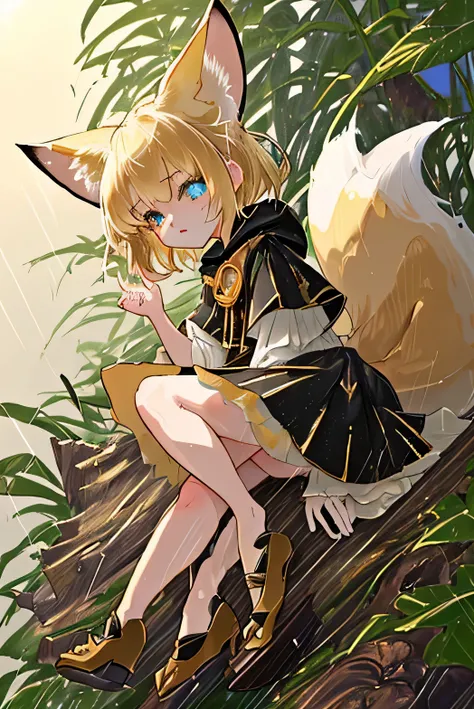  like a fennec fox, yellowish big ear, small and fluffy brown tail, and black and gold clothes with greenish and blue eyes, chibi style, looking up as if she were being caressed, and with small wooden shoes, around a giant leaf on which drops of water fall...