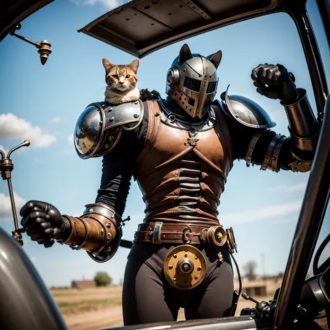 In Victorian England, A cat drives a steam punk mechanical knight in a chest cockpit, the knight is offering challenge wielding a weapon