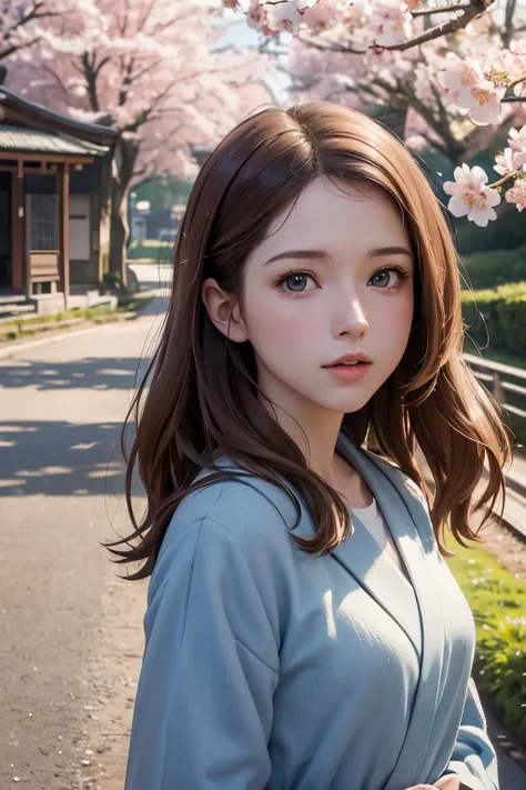 ((masterpiece, highest quality, Highest image quality, High resolution, photorealistic, Raw photo, 8K)), Spring Morning, In a rural Japanese town, students head for the train station along a road lined with cherry blossom trees,anna Kendrick, solo, portrai...