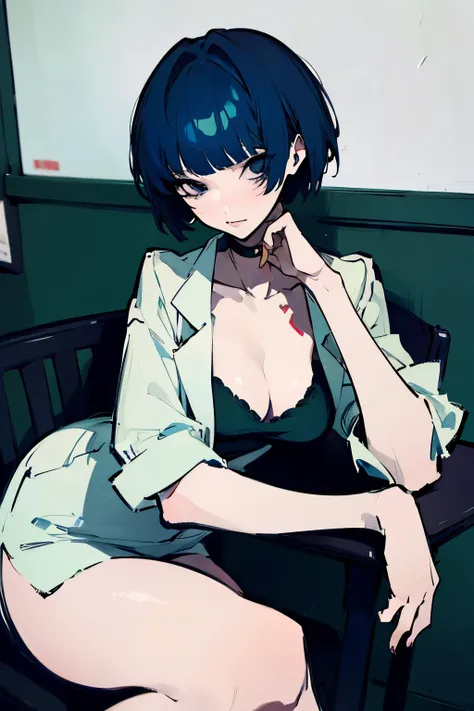 (highest quality、masterpiece:1.2), one woman、mature woman、tae takemi, navy short hair、black eye、cleavage、(white clothes、dark gre...