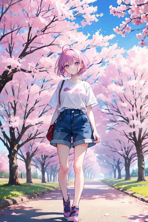 pink hair，purple eyes，short hair，sister head，Two black hairpins，girl，short sleeves，Denim shorts，full-body shot，whole body，stand on the ground，Lots of cherry blossom trees，Background blue sky and white clouds，Happy and happy expression