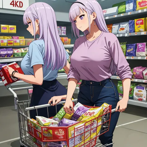 a woman in casual clothes, weak lilac hair, pushing a shopping cart in a supermarket, with a scared expression, beautiful detail...