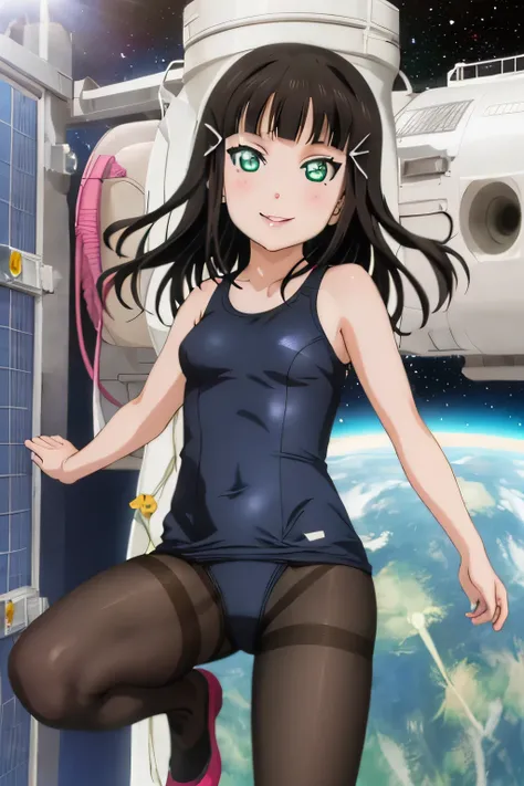 best quality, ultra-detailed masterpiece, dia kurosawa, one-piece swimsuit, pantyhose, anime art style, cute characters, space station, open legs, smile