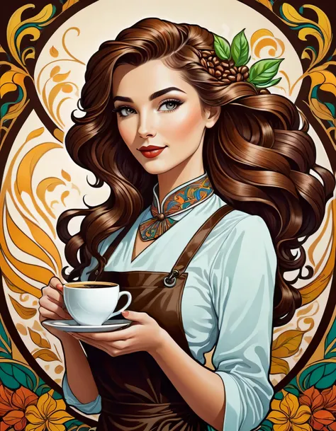 Create an image of Art Nouveau portrait of an elegant beautiful female Barista with coffee beans, more colorful, fine lines and subtle stroke