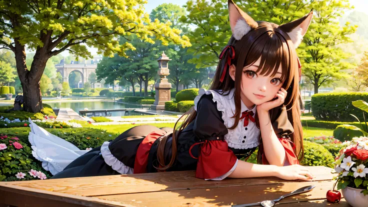 (masterpiece), highest quality, High resolution, very detailed, detailed background, perfect lighting, outside, 1 girl, Cherry tree in full bloom、(light brown hair)、(bright red eyes)、Small fox earimi is facing forward、Dark blue and white maid outfit、