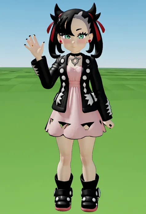 (8k, RAW photos, top quality, masterpiece: 1.2), (High Quality), ray tracing, HDR, (High Details), (Face detail), (Shadow Detail), 1girl, solo, Roblox chibi, 3d, 3d render, Marnie /(pokemon)/, black hair, black jacket, pink dress, waving, outside