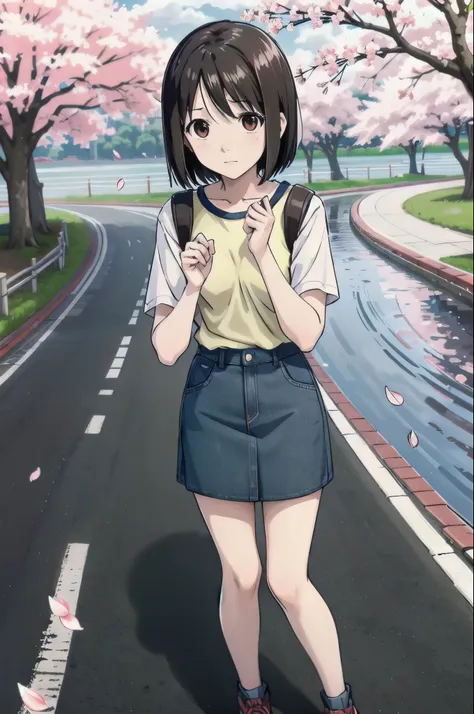 in front_misaki, two-tone shirt, denim skirt, wave hands、road along the river、bank、cherry tree、cherry blossom petal fluttering