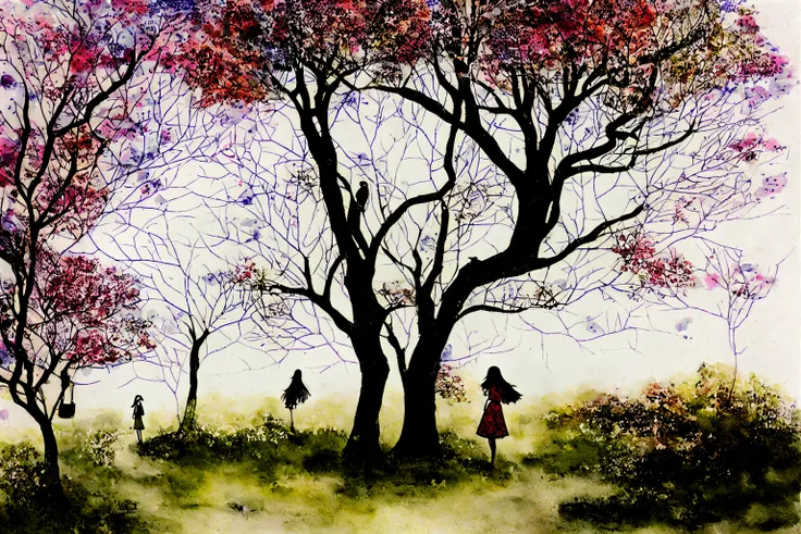 there is a drawing of a girl with an umbrella under a tree, blurry and dreamy illustration, blurred and dreamy illustration, dreamy illustration, inky illustration, birds and trees, a beautiful artwork illustration, illustration!, inspired by Jung Park, wa...