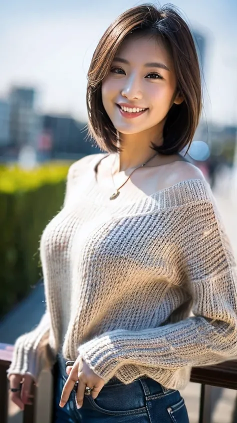 (highest quality, 8K, 32k, masterpiece, UHD:1.2),Photos of beautiful Japanese women, big breasts, very short bob hair,Upper body,(extra large_sweater,:1.1) necklace, simple background, Look around, smile