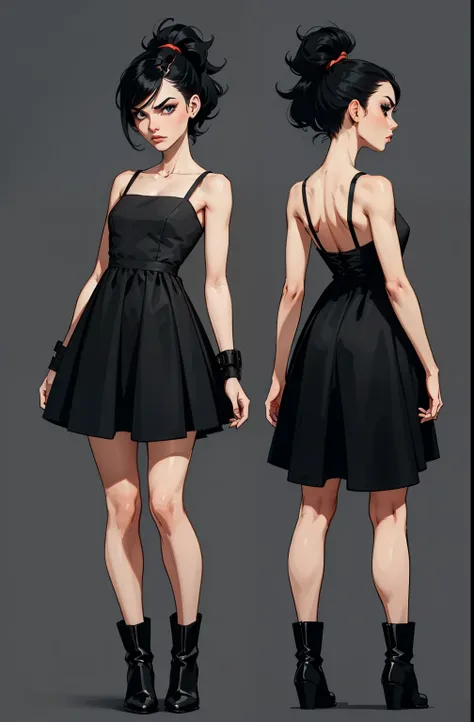 modelsheet, makeup, Soft or colored lips, simple black background, minimalism, monotonous, bright color palettes, , grumpy face, short dress, exposed feet, short black dress, boots, straight hair tied up, perfect anatomy, perfect hands, wind in dress, mode...