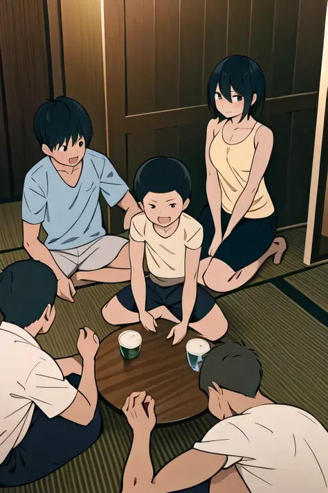 a group of people sitting on top of a wooden floor, an anime drawing, by Shingei, boy has short black hair, lewd, real footage, so cute, highly_detailed!!, front facing shot, breeding, winning, excellent detail, in front and behind, trailer