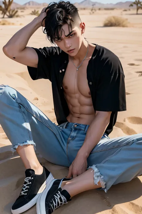 shirtless sweat-drenched 21-year old short black hair caucasian male, tattered jeans, sneakers, dripping with sweat, shirtless, one hand on the head, sitting on the ground, in the desert 