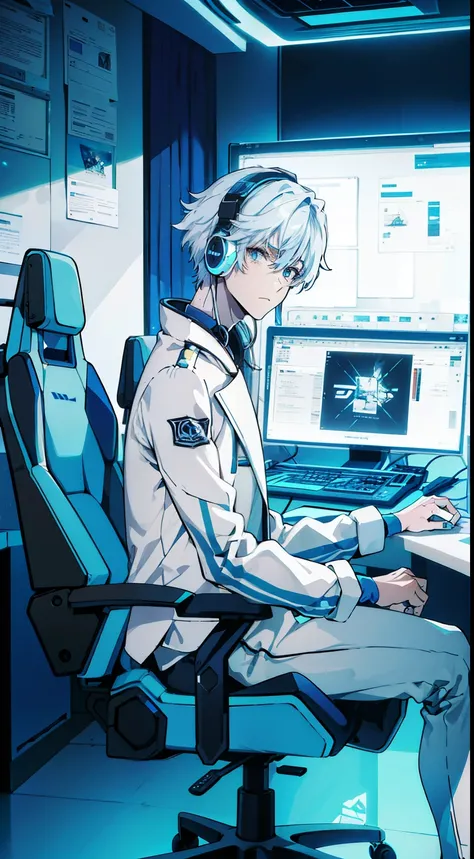 One young man,Blue-based illustrations,white hair,Highest image quality,highest quality,cool,25 years old,Wearing a headset,Cybertic,Games in the room