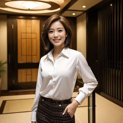 ((highest quality、table top、8K、best image quality))、1 female lawyer、she is standing at the entrance、elegant posture、short hair、straight hair、formal jacket、formal blouse、formal pants、Perfect lawyer badge on the chest、Accurately depicts a real lawyer badge、I...