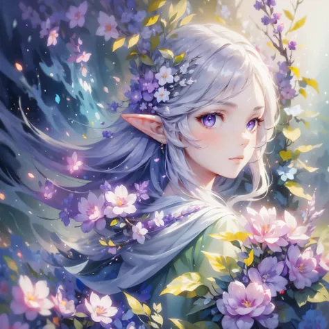 (masterpiece, 8k, super detailed), 1 person, create a gorgeous portrait of an elven king, long white hair, purple eyes, bokeh, s...