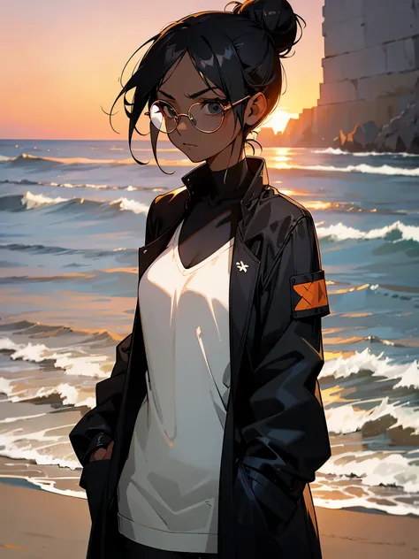 1female, old female, dark skin, black hair, black Eyes, glasses, serious expression, beach background, arms in pockets, black jacket,sunset, close up,hair in a bun, black shirt,