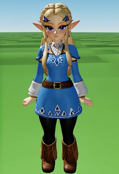 (8k, RAW photos, top quality, masterpiece: 1.2), (High Quality), ray tracing, HDR, (High Details), (Face detail), (Shadow Detail), 1girl, solo, Roblox Chibi, 3d, 3d render, Zelda, blonde, blue tunic, elf ears, black leggings, outside