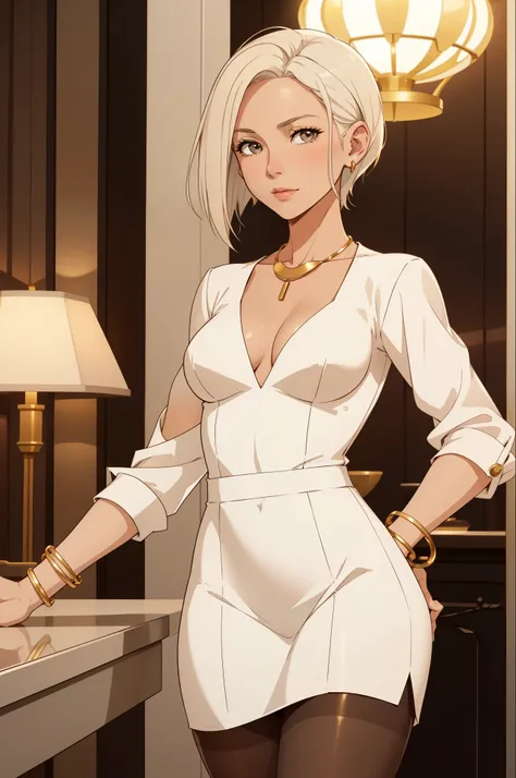 cute date night, mature woman, 40 years old, platinum blonde hair, white skirt, white dress, silk blouse, plunging neckline, small breasts,  gold necklace, gold bangle, short hair, in a modern hotel lobby, stockings, solo, one woman, cute date night outfit...