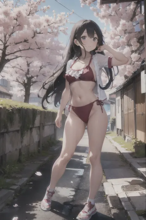 Iにさせて&#39;Imagine the scene。In the background, Rows of cherry blossom trees in full bloom、Pale pink petals falling from the sky。Model looks perfect in cute red swimsuit.、smile at the camera、take a pose。her bikini is、In the same color as cherry blossom peta...