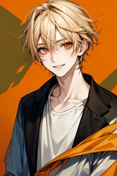 Solo, 1 Male, smile facial, masterpiece, highres, blonde hair, orange eyes, casual clothes