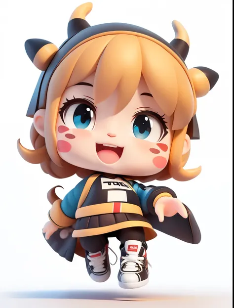 (Masterpiece), (Best quality), (Super detailed), (whole body :1.2), horn protruding, brown horn, cute, smile, open mouth, sports, remove edge black edge, street dance, jumping posture, blush, :3, shirt, blush stripe stickers, long sleeves, sneakers, (beaut...