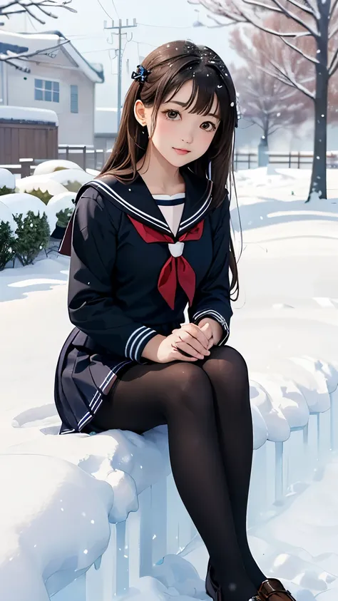 (((Masterpiece))),((top quality)),one beautiful girl,bangs、(black sailor uniform:1.5)、(black pantyhose)、(dark brown loafers)、snow girl, beautiful digital artwork, 美しいsnow girl, beautiful fantasy art, very beautiful fantasy art, beautiful digital art,(sitti...