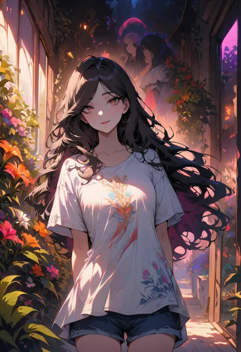 ((((Obra maestra, La mejor calidad, ultrahigh resolution)))), 1girl, standing, ((baggy white t-shirt, loose fitting blue shorts, black hair, dark black hair)), long hair cut, pale skin, ((brown eyes)), glowing_eyes, neon eyes, (ultra detailed eyes:0.7, bea...