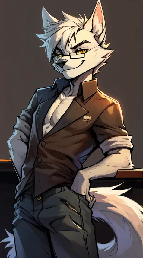 Male, arctic wolf, detailed yellow eyes, long tail, bartender, loose baggy jeans, slim, sly, simple background, glasses, smirk