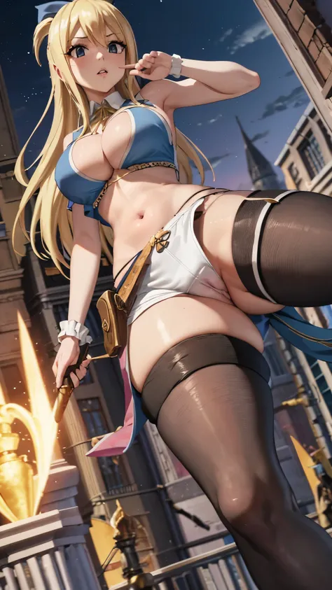 CG, unity, 8k, wallpaper, highest quality, masterpiece, 1 girl, lucy heartfilia, blonde, dynamic pose, (stocking: 1.5), thighs, sexy, best lighting, complex pupils, complex textile, realistic skin texture, detailed background, (In a Western-style fantasy c...