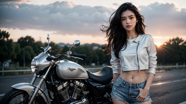 a gorgeous 20 years old european woman, black wavy hair,  standing on the road, motorbike in the background, sexy pose, white co...